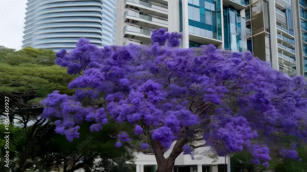 Close up shot of jacaranda trees blooming with tall apartment buildings in the background with clear skies offering urban beauty