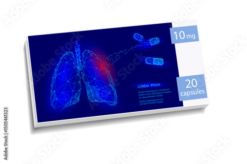 Lung disease medicine package illustration. Polygonal lungs pneumonia therapy respiratory treatment. Healthcare medication pharmacology pulmonology clinics. Dark blue background low poly vector.