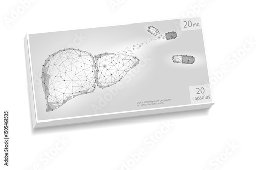 Pill box with liver illustration. Polygonal medicine remedy therapy design. Healthcare pharmacy liver disease pharmacology art. White background low poly vector