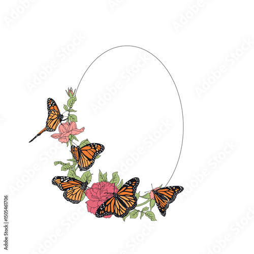 Hand drawn orange monarch butterfly and rose flowers oval frame. Beautiful tropical insect greeting card design. Vector illustration on white background