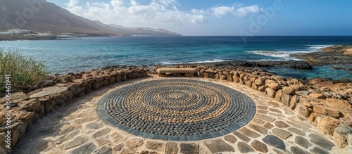 Ocean View with Pebble Art and Stone Bench