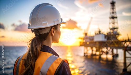 Engineer offshore sunset oil rig.