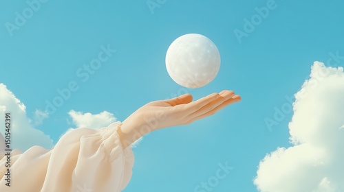 Hand releasing white sphere outdoor photography clear sky close-up imagination and playfulness