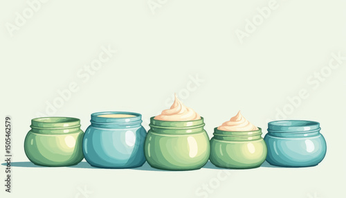 Collection of eco-friendly beauty jars in pastel shades, sustainable skincare