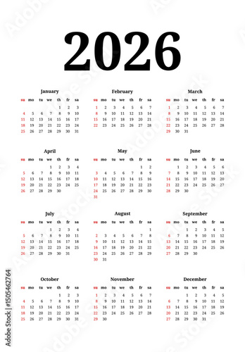 Calendar for 2026 isolated on a white background