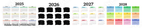 Set of calendars for 2025, 2026, 2027 and 2028 on a white background
