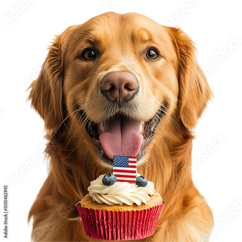 Golden retriever with cupcake topped with american flag and blueberries on a black background