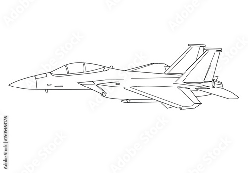 Fighter plane drawing. It is a black and white outline image of a modern military fighter jet, possibly an F-15 Eagle. Vector sketch line art draw.