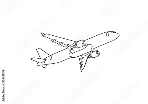Flying airplane drawing. It is a black and white outline image of a passenger airplane captured in an ascending or flying motion. Vector sketch line art draw.