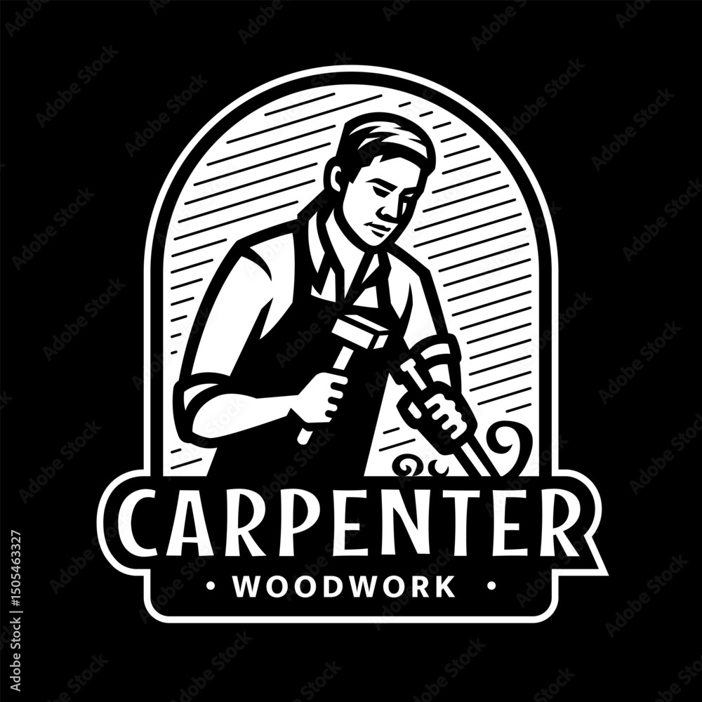 Obraz premium Carpenter with chisel and hammer logo, emblem on dark background.