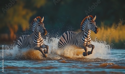 Zebras Crossing a River