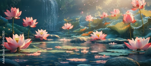 Lotus Flowers in Pond with Waterfall