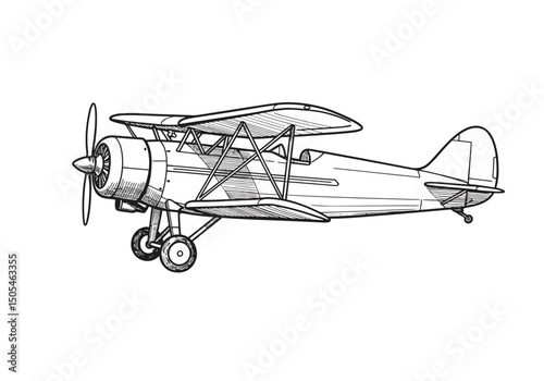 Old airplane drawing. It is a black and white outline image of a vintage airplane, possibly an i 153 blueprint or a B�cker B� 133 Jungmeister. Vector sketch line art draw.