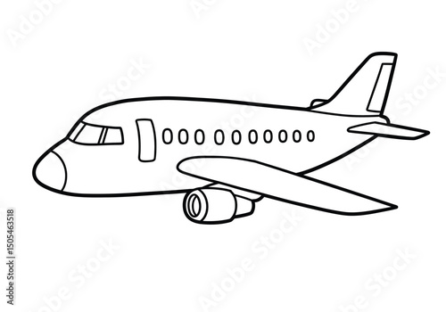 Plane cartoon drawing. It is a black and white outline image of a simplified, friendly-looking passenger airplane, suitable for coloring. Vector sketch line art draw.
