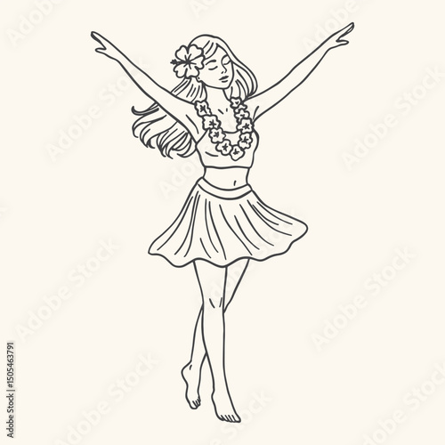 Hula dancer in traditional Hawaiian costume. Vector hand drawn illustration.