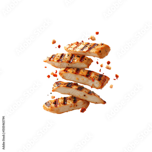 Falling Grilled chicken slices chopped meat isolated on a transparent background, in a PNG format