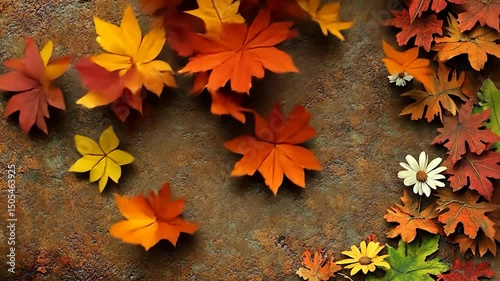 Autumn leaves and flowers on rustic surface