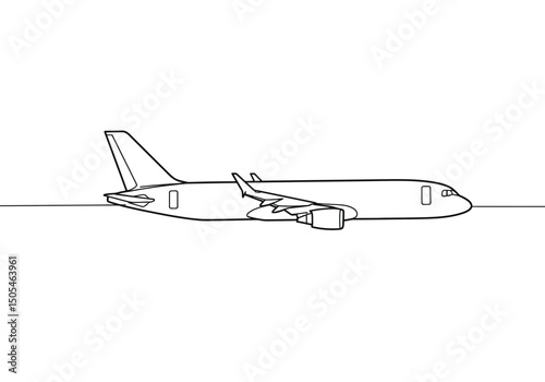 Airplane drawing. It is a black and white outline image of a passenger airplane, possibly a Boeing 737, ready for flight. Vector sketch line art draw.