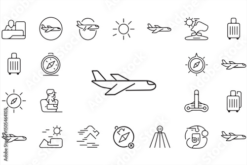 Minimalist Icons for Travel, Adventure, and Vacation Including Airplanes, Trains, and Luggage