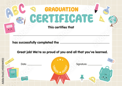 Certificate of graduation for kids, Certificate of appreciation for children. Graduating elementary school, kindergarten, course, program. Kids diploma template, for school preschool kindergarten, stu