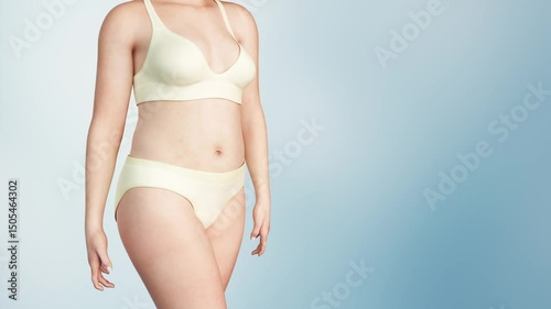 Fat woman loses weight, woman becomes thinner from fat, obese people become healthier, fitness shaping lines, 3D animation.
