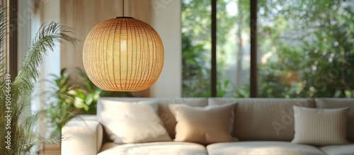 Woven Pendant Light Fixture Above Sofa