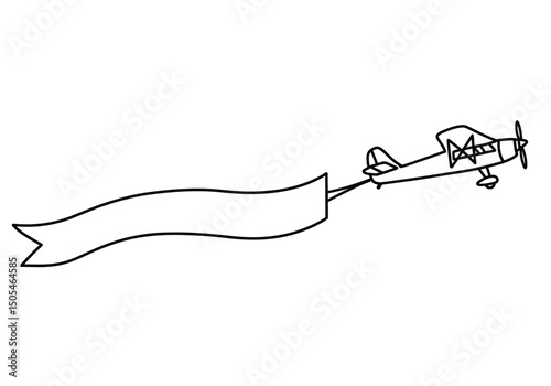 Airplane with banner drawing. It is a black and white outline image of a small airplane towing a blank banner, ready for a message or advertisement. Vector sketch line art draw.
