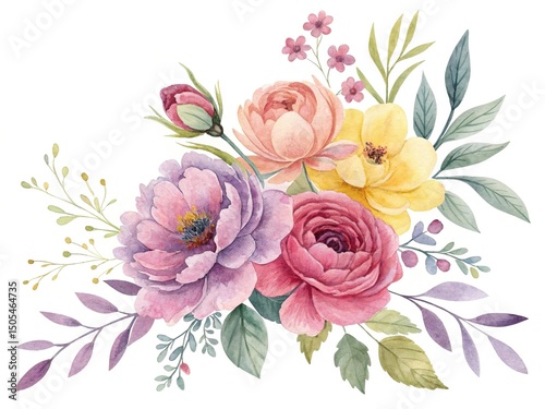 Watercolor Floral Arrangement with Roses, Peonies, and Leaves on White Background