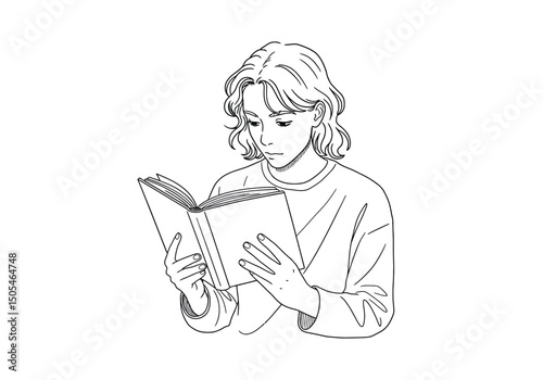 Book reading drawing. It is a black and white outline image of a person engrossed in reading an open book. Vector sketch line art draw.