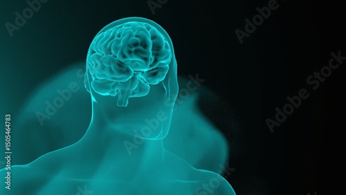 Transparent human figure with glowing brain on dark background with copy space