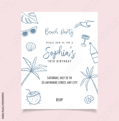 Beach Party hand draw invitation. Italian la dolce vita, trendy drawing style. Birthday sea card