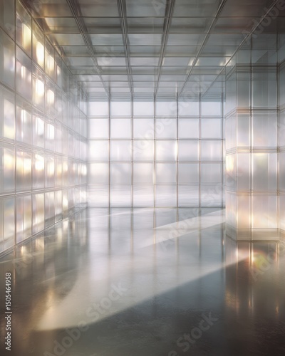 Interior view of a modern, glass-walled space. photo