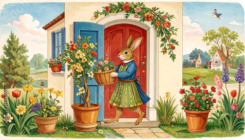 Bunny with flowers with spring house. photo