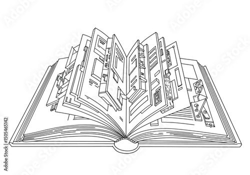 3d book drawing. It is a black and white outline image of an open book with pages seemingly leaping out in a dynamic three-dimensional, architectural style. Vector sketch line art draw.