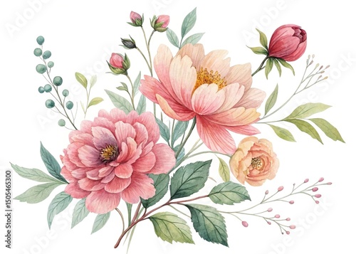 Watercolor Floral Arrangement Featuring Peonies and Blossoms on a White Background