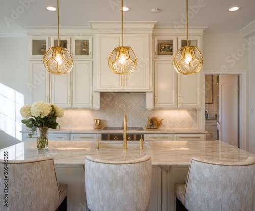 Modern kitchen island with pendant lights and beige upholstered barstools. photo