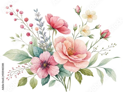 Watercolor Floral Arrangement with Pink Flowers Berries and Green Leaves Isolated