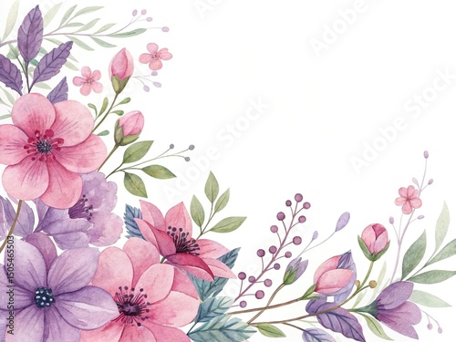 Watercolor Floral Corner Arrangement with Pink and Purple Flowers and Greenery