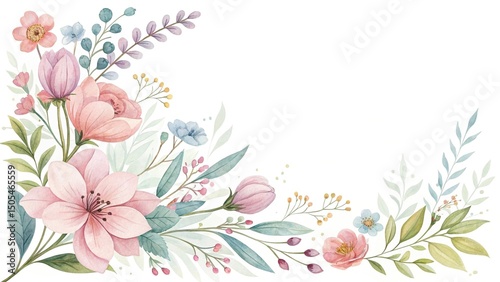 Watercolor floral corner arrangement with pink, peach, and blue flowers and leaves