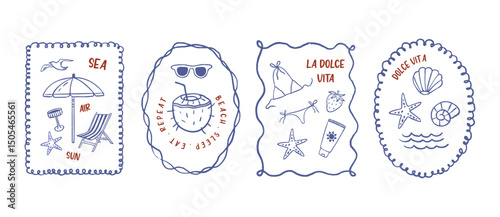 Hand draw summer prints collection. Crayon drawing style, Italian la dolce vita. Wall posters