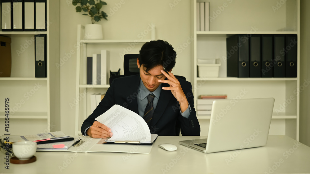 Young Asian businessman sitting at desk with laptop and documents, holding his head in frustration while reviewing financial reports, portraying work stress and mental fatigue in an office Young Asian businessman sitting at desk with laptop and documents, holding his head in frustration while reviewing financial reports, portraying work stress and mental fatigue in an office