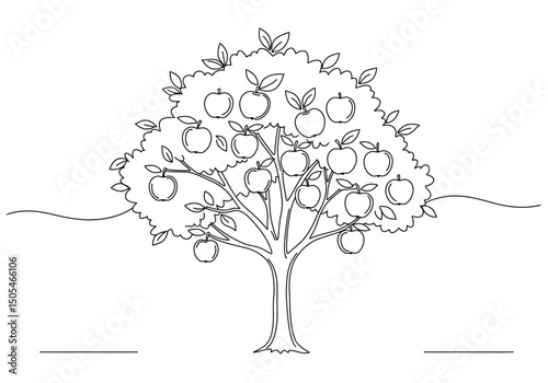 Tree with apple drawing. It is a black and white outline image of an apple tree laden with numerous fruits and leaves. Vector sketch line art draw.