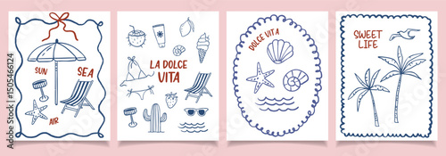 Hand draw summer prints collection. Crayon drawing style, Italian la dolce vita. Wall posters