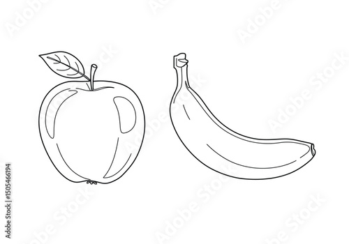 Apple and banana drawing. It is a black and white outline image featuring a single apple and a banana, common healthy fruits. Vector sketch line art draw.