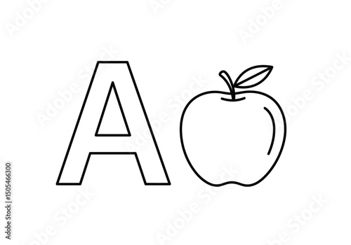 A for apple drawing. It is a black and white outline image featuring the uppercase letter "A" next to an apple, an educational illustration. Vector sketch line art draw.