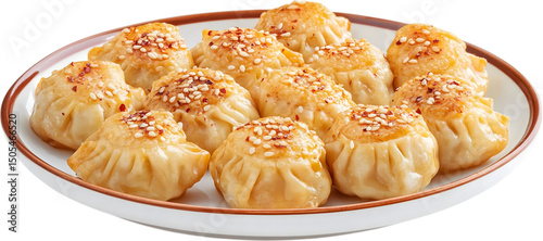 Steamed dumplings with sesame and chili flakes on a transparent background
