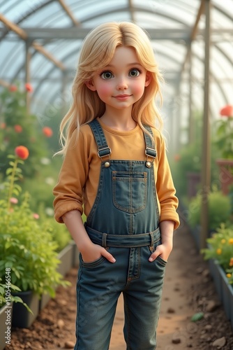 Girl with blonde hair in overalls standing in greenhouse