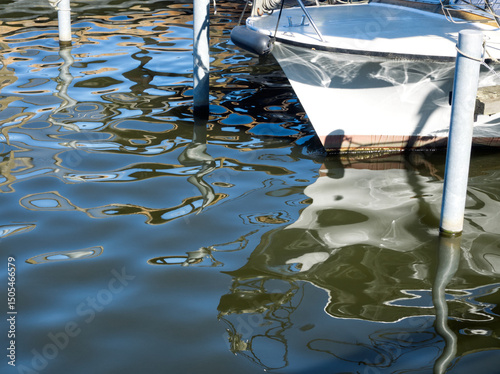 Boat background. Boat or yacht reflexion in water. Abstract distorted boat elements in water. Blue water background. Ripples reflex elements in river. Mirroring blue wave background. Berlin, Spree.