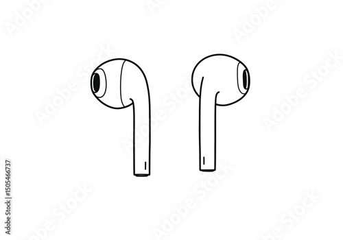 Earpods drawing. It is a black and white outline image depicting a pair of earpods or earbuds, used for listening to audio. Vector sketch line art draw.