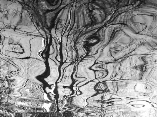 Black and white water reflex background. Abstract reflection elements in water. Nature elements distorted in the river. Rippled trees water texture. Graphic water surface. Bw photo. Black graphic back